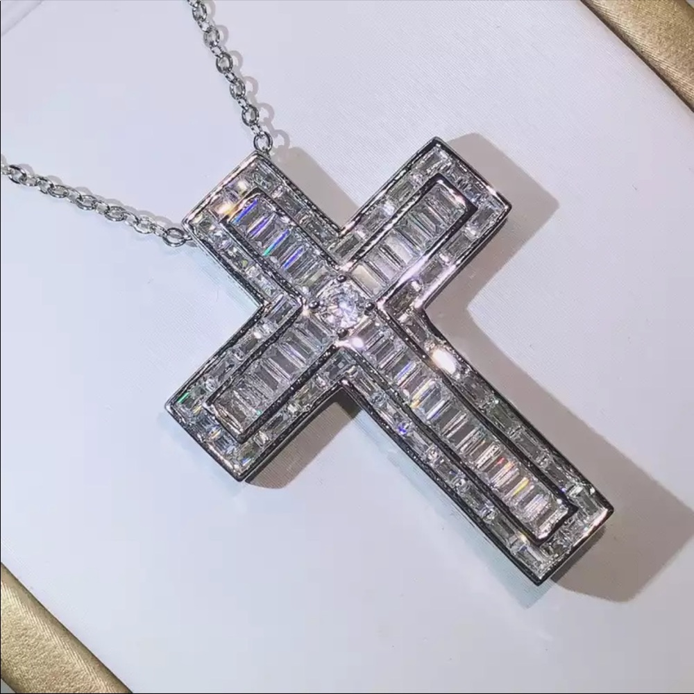 New Men Women 925 Silver Cross Diamond Necklace - Picture 5 of 10